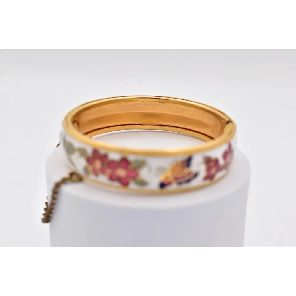 Vintage Cloisonne Enamel Floral Butterfly Gold Tone Hinged Bangle Bracelet BinBR